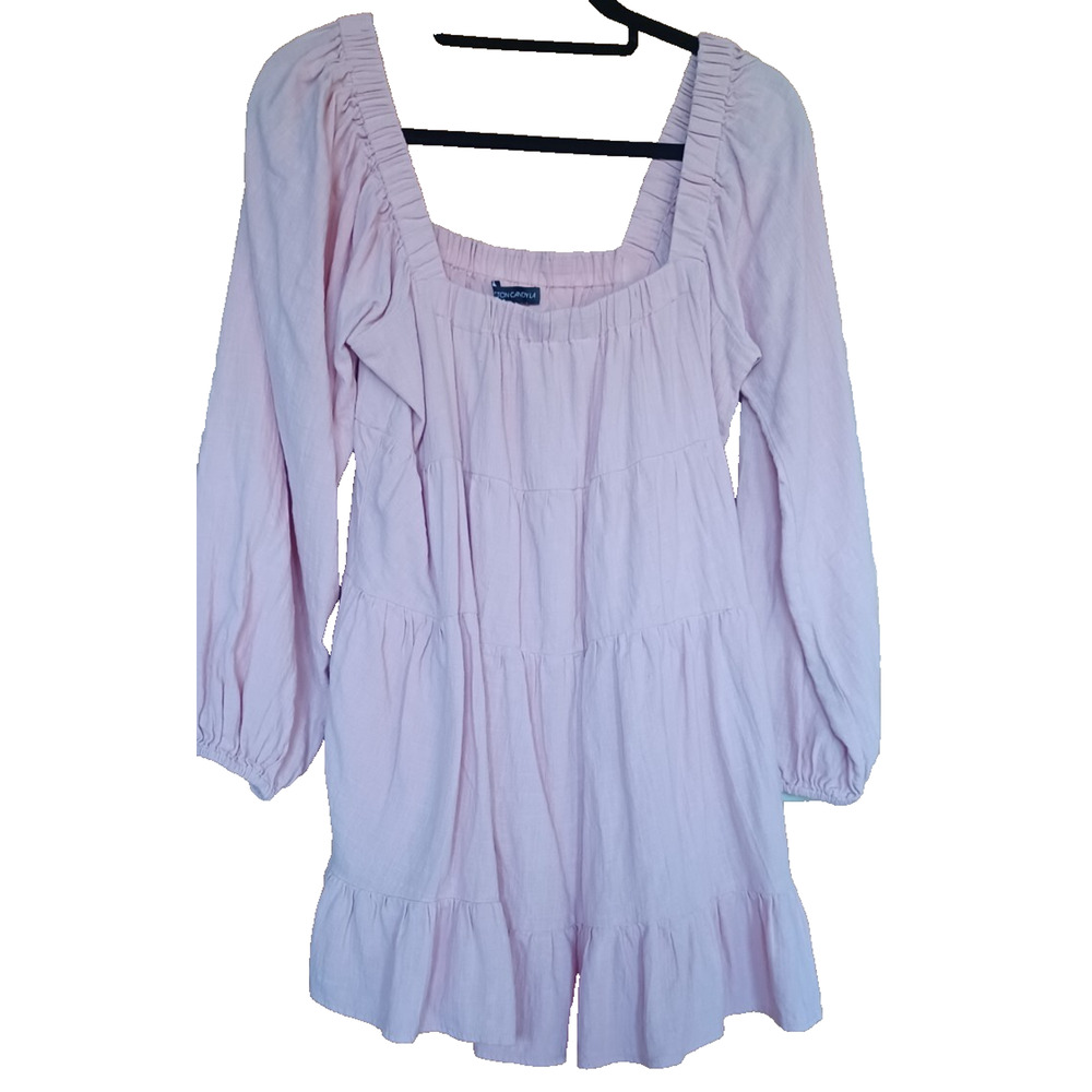 Pastel Pink Tiered Blouse Tunic Women's Medium Square Neck Balloon Sleeves